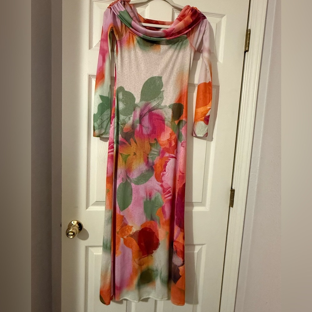 Floral Pink & Orange Maxi Dress with Green Leaf Accents